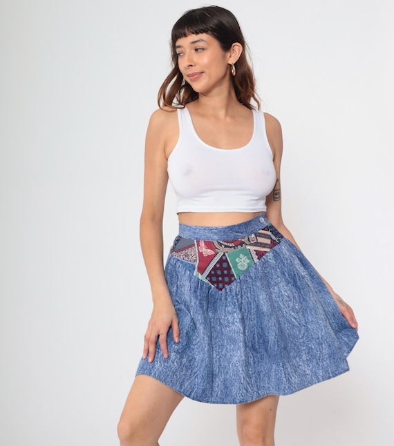 Patchwork Denim Skirt 80s Acid Wash Mini Skirt Circle Skirt High Waisted Boho Patchwork Prairie Skirt Festival Wear Cottagecore Small S
