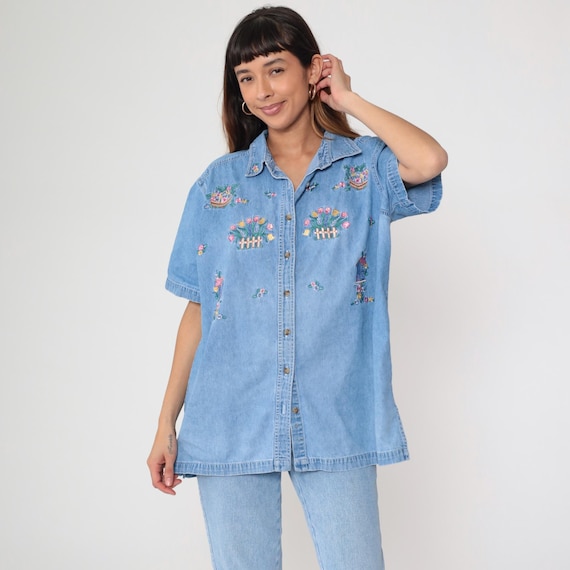 Vintage Embroidered Denim Shirt 90s Floral Top Blue Jean Button Up Blouse Short Sleeve Retro Hippie Garden Flower Print 1990s 18w 20w
