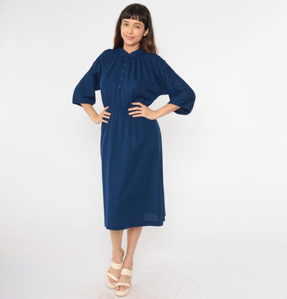 Vintage Navy Blue Shirtdress 80s Button Up Midi Dress Retro Day 3/4 Sleeve Mandarin Collar Secretary High Waist Plain 1980s Small