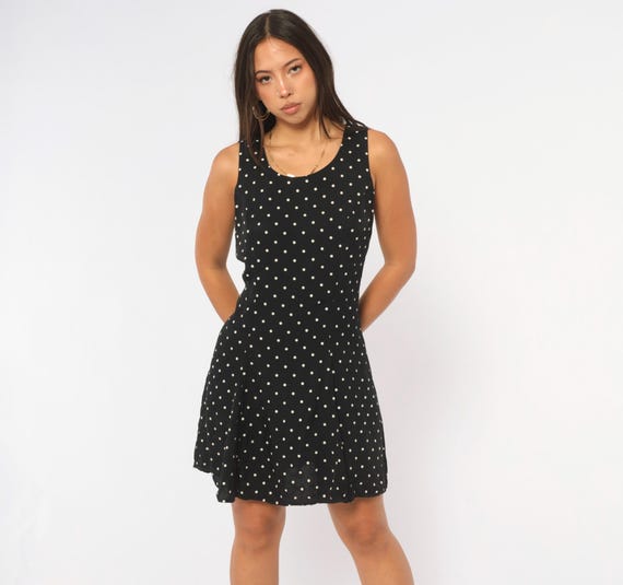 90s Polka Dot Dress Black White Sleeveless Lace Up Tie Back Fitted Waist Fit Flare A Line Grunge Summer Sundress Rockabilly Vintage Medium M