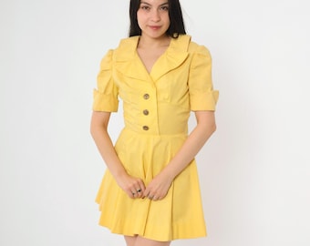 Vintage 60s Mini Dress Mod Yellow Puff Sleeve Skater Dress High Waist Fit and Flare Button Up Retro Sixties Twiggy A-Line 1960s Small 4