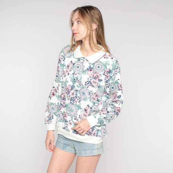 Vintage Collared Floral Sweatshirt 80s Grandma Sweatshirt 90s Sweatshirt Slouchy All Over Print Graphic White Pink Green 20W 2xl xxl