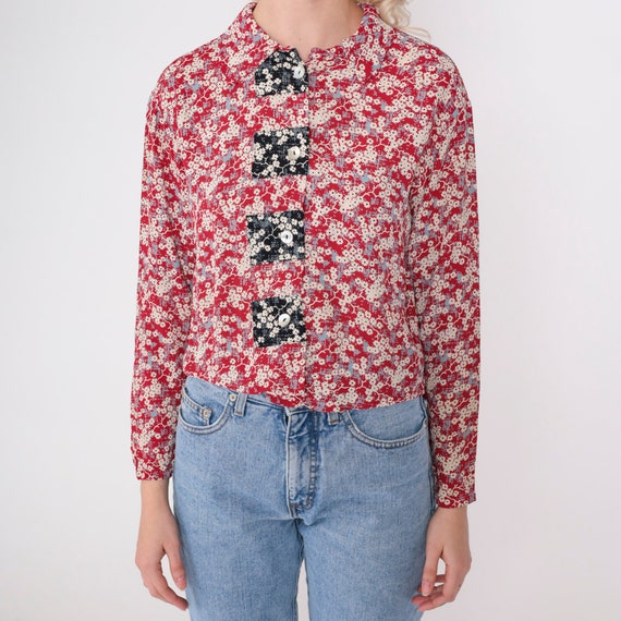 Red Floral Blouse 90s Cherry Blossom Asian Inspir… - image 9