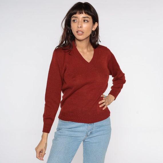 Rust Brown Sweater V Neck Sweater Slouchy Plain 80s Knit Jumper Vintage V Neck Normcore Retro Acrylic Basic Solid 1980s Small