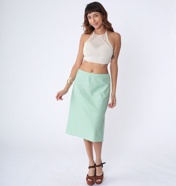 70s Midi Skirt Striped Green White Skirt Mod Hippie High Elastic