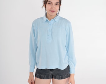 Baby Blue Shirt 90s Long Sleeve T-Shirt Collared Top Long Sleeve Preppy Plain Basic Tee Polo Shirt Casual Vintage 1990s Petite Medium M