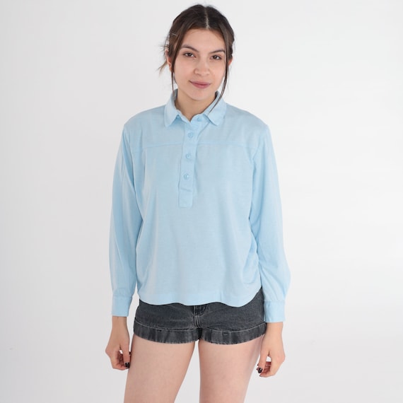 Baby Blue Shirt 90s Long Sleeve T-Shirt Collared Top Long Sleeve Preppy Plain Basic Tee Polo Shirt Casual Vintage 1990s Petite Medium M