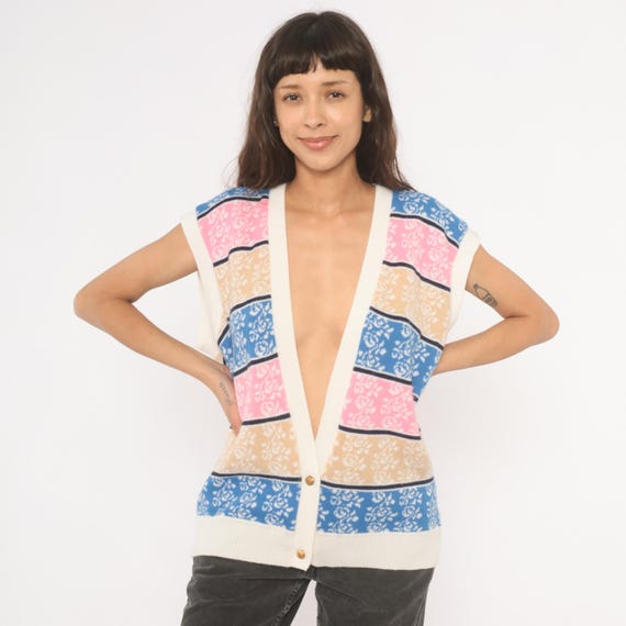 80s Floral Striped Sweater Vest V Neck Knit Blue Pink Tan Cream Rose Print Sleeveless Cardigan Top Collegiate Preppy Nerdy Vintage Large L
