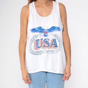 USA Eagle Tank Top 90s Patriotic Graphic Tee Shirt Faded Red White Blue Sleeveless Biker Top Olive Branch Arrow 1990s Retro Medium Large image 8