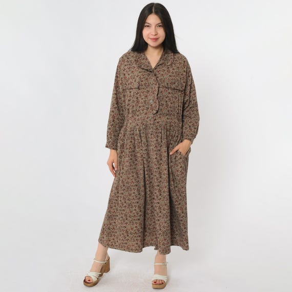 80s Brown Floral Dress Ruffle Collar Shirtdress Midi Dress Button Up Fall Dress Vintage Prairie High Waisted 1980s Long Sleeve Medium Large
