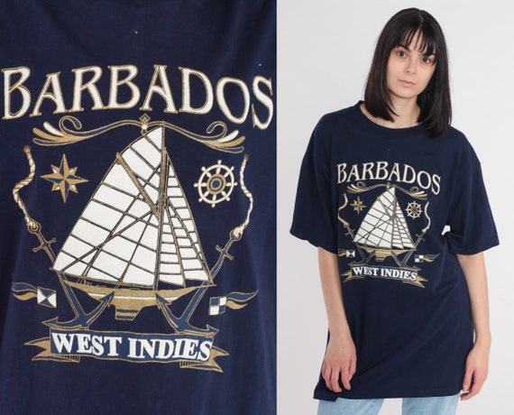 Barbados T-Shirt 90s West Indies Shirt Sailboat Graphic Tee Nautical Sailing Boat Yacht TShirt Tourist Navy Blue Vintage 1990s 2xl xxl 2x