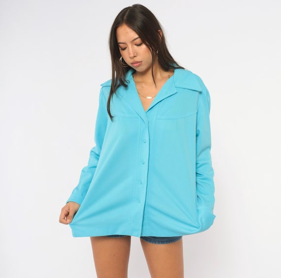 70s Turquoise Shirt Blue Button Front Long Sleeve Pointed Collar Yoke Boxy Fit Plain Disco Blouse Loose Solid Color Womens Vintage Large L
