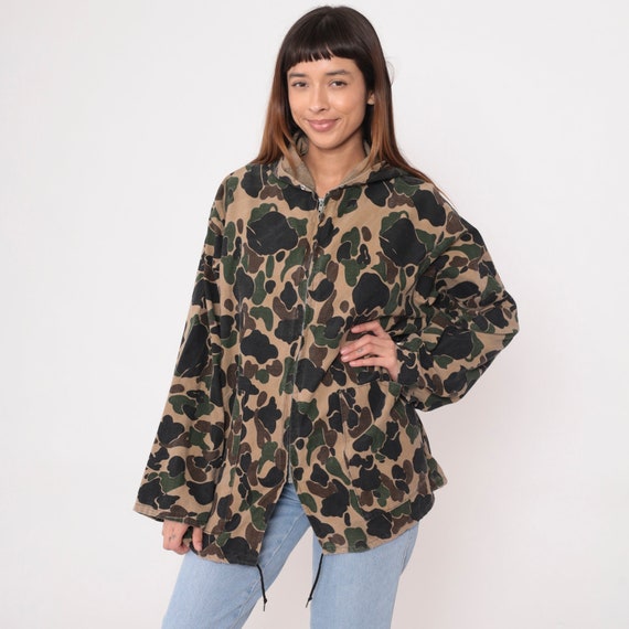 Hooded Camouflage Jacket 90s Military Camo Hood Jacket Army Commando Cargo Hoodie 1990s Vintage Zip Up Oversized Large xl
