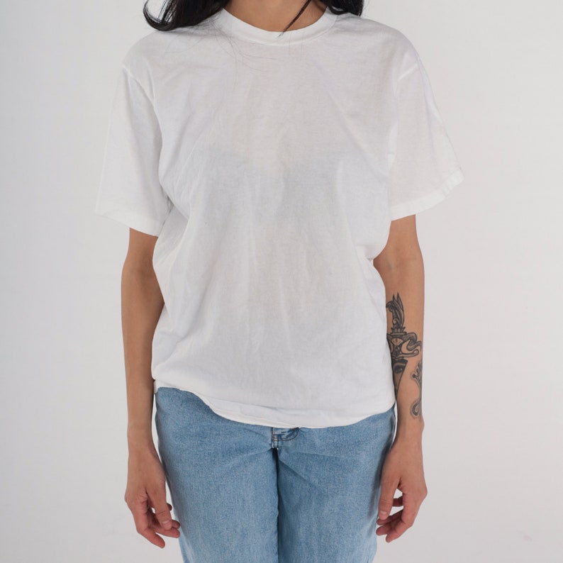 White T-Shirt 80s Plain TShirt Retro Crewneck Tee Basic Short Sleeve Crew Neck Solid Top Minimalist Casual Vintage 1980s Cotton Large L image 5