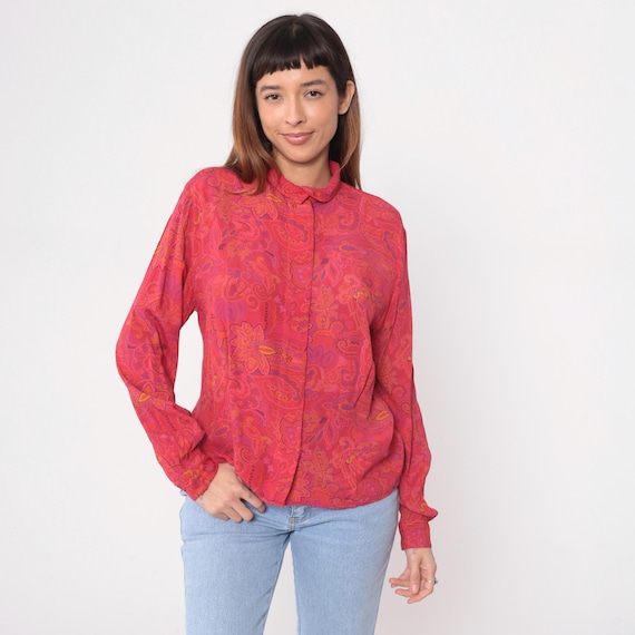 Red Paisley Blouse 90s Pink Long Sleeve Collared Shirt Vintage Office Work Top Secretary Preppy Career Professional Cottagecore Medium M