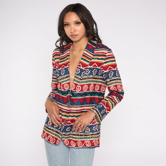 Southwestern Blazer 90s Geometric Jacket Red Aztec Southwest Striped Retro Jacket Western Cowboy Vintage 1990s Red Blue Medium 8 Petite