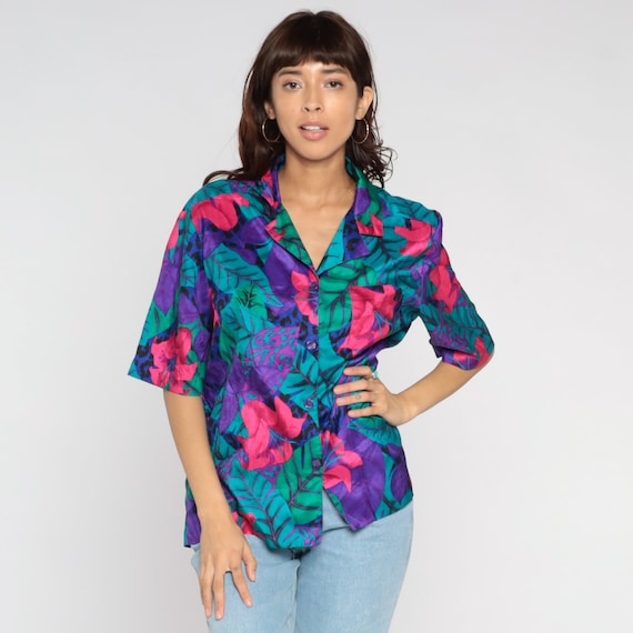 Tropical Floral Blouse 80s 90s Bright Flower Print Shirt Hawaiian Button Up Boho Surfer Short Sleeve Purple Pink Tourist Top Vintage Large