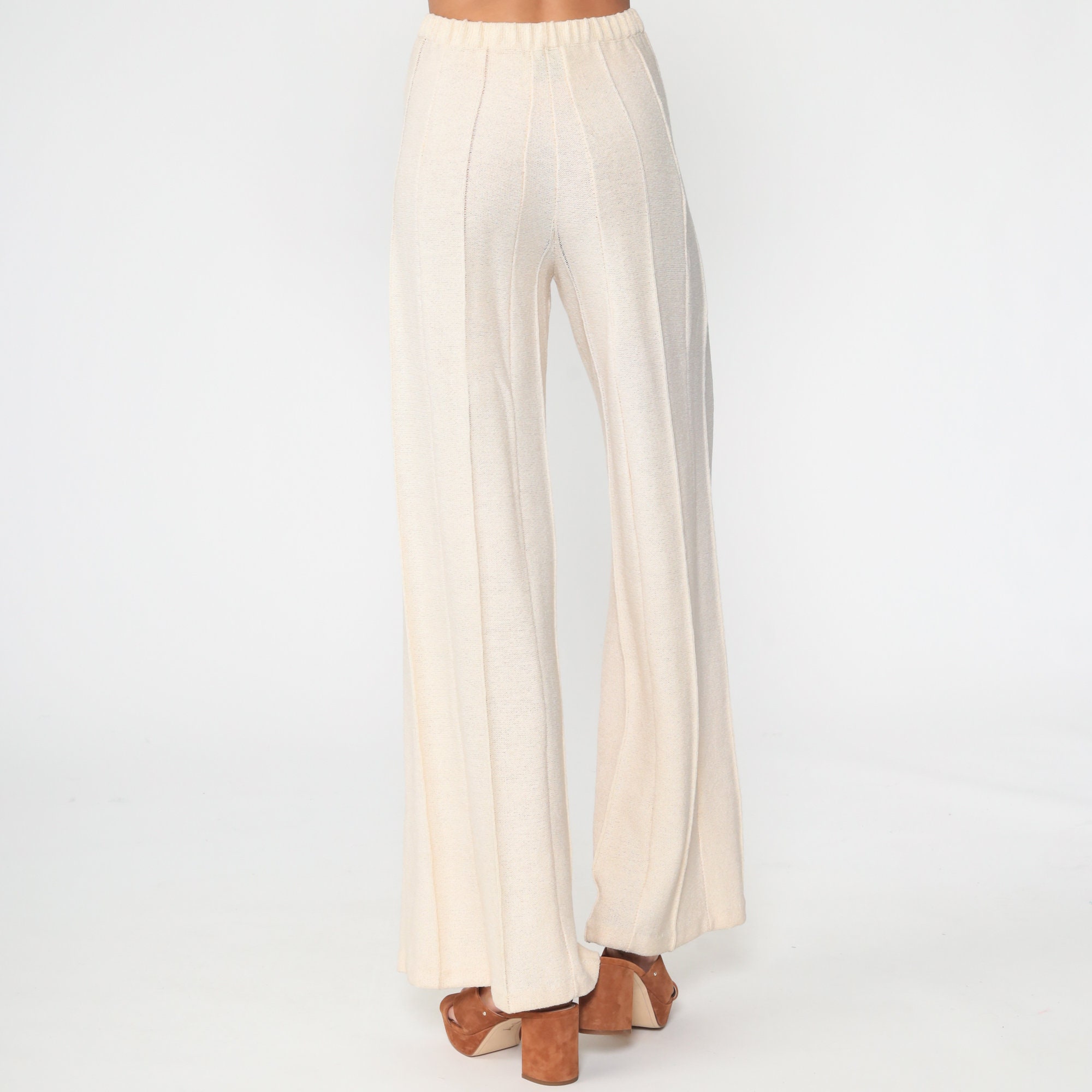 70s Bell Bottom Pants Beige Knit Trousers High Waisted Bellbottom Pants ...
