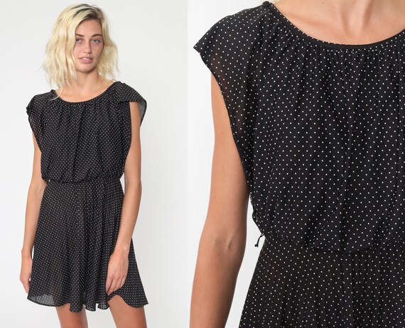 Black Mini Dress 70s Boho High Waisted Party Dress 1970s Flutter Sleeve Bohemian Polka Dot Vintage LBD Extra Small xs