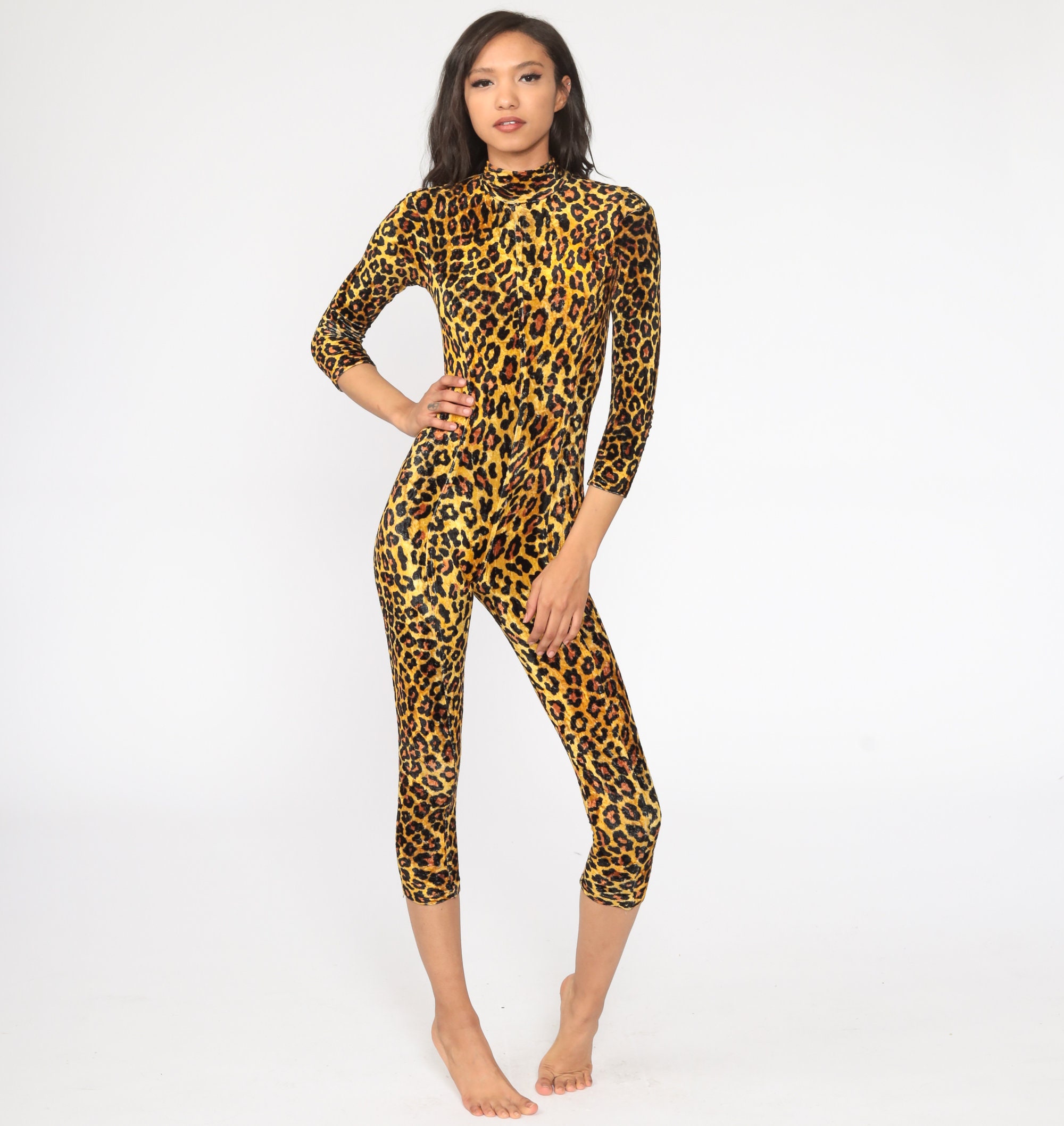 Leopard Catsuit Animal Print Jumpsuit 90s Velour Jungle Jumpsuit Mock