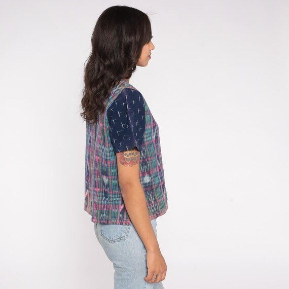 Patchwork Button Up 90s Ikat Print Navy Chambray … - image 5
