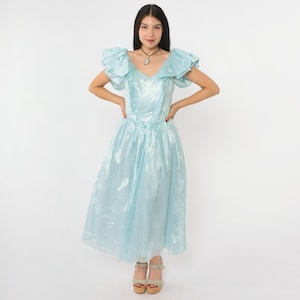 80s Blue Organza Gown Ruffle Flutter Sleeve Prom Dress Vintage Basque Waist Midi Formal Dress Evening Sweetheart Neck Small S