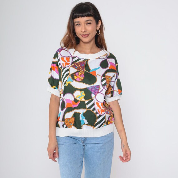 Nautical Scarf Print 90s Green White Orange Flag Pattern Short Sleeve Shirt Boat Wheel Rope Colorful Striped Sailing Regatta Large L