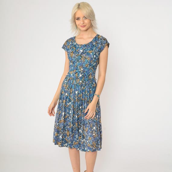 60s Day Dress Blue Abstract Mosaic Print Dress Geometric High Waisted Pleated Midi Boho Short Sleeve Hippie Vintage 1960s Small
