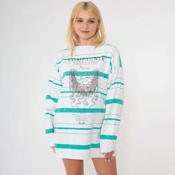 Vintage 90s Striped French Shirt Oversized Long Sleeve Shirt Compagnie Française Graphic Paris Print White Teal 1990s Express Medium