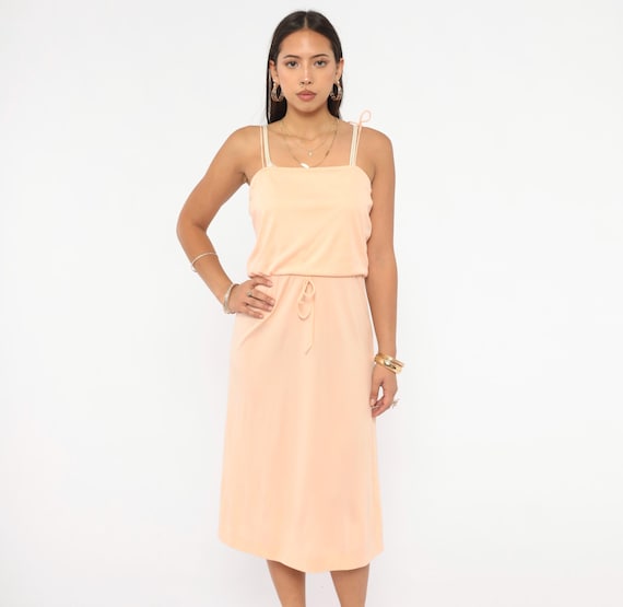 70s Peach Sundress Spaghetti Strap Dress Blouson Bodice Tie Waist Midi Salmon Pink Slip Style Skirt Coral Summer Spring Vintage Small S