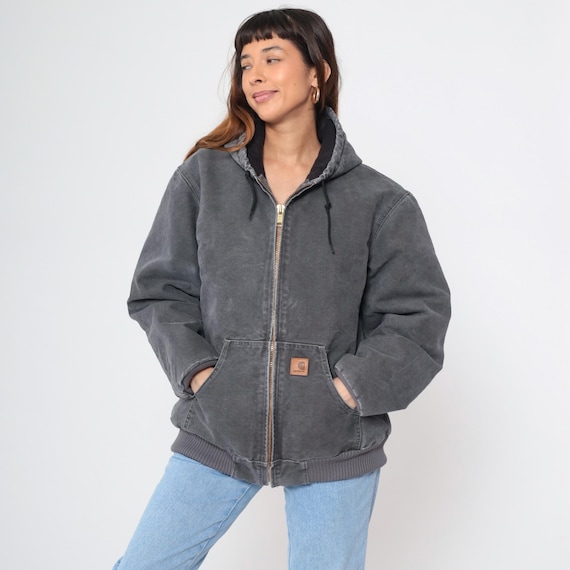 Carhartt Duck Jacket Faded Black Hooded Jacket Workwear Hoodie 00s Cargo Utility Hood Fleece Lined Vintage Y2K Work Wear Medium M