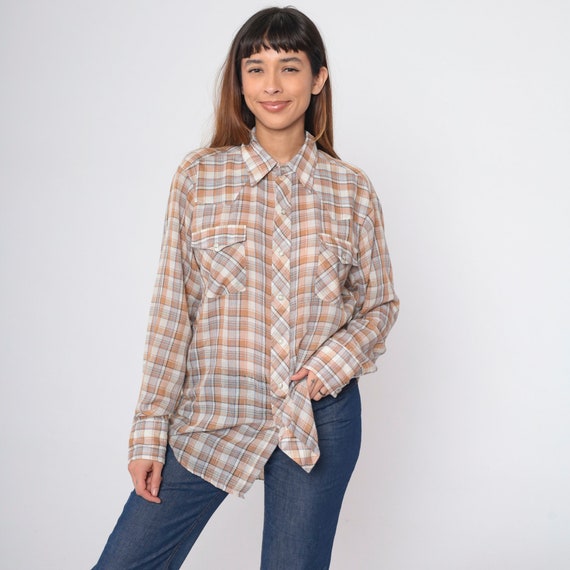 Metallic Western Shirt 70s Paper Thin Plaid Shirt… - image 3