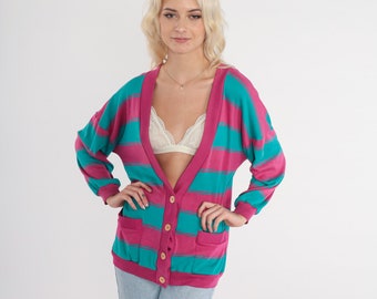 Striped Cardigan Sweatshirt 90s Pink Turquoise Button up Sweater Deep V Neck Slouchy Retro Sporty Casual Spring Vintage 1990s Large L