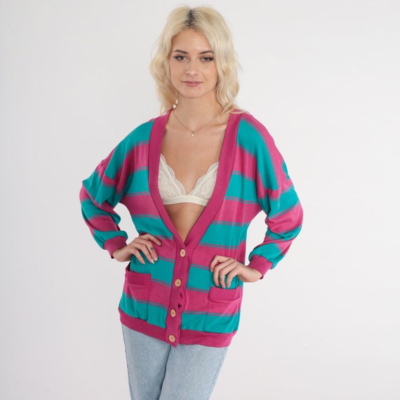Striped Cardigan Sweatshirt 90s Pink Turquoise Button up Sweater Deep V Neck Slouchy Retro Sporty Casual Spring Vintage 1990s Large L