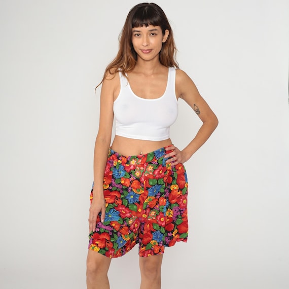 90s Tropical Floral Shorts Red Blue Purple Green Hawaiian Plus Size Elastic Waist Summer Vintage Relaxed Fit Vacation Extra Extra Large XXL