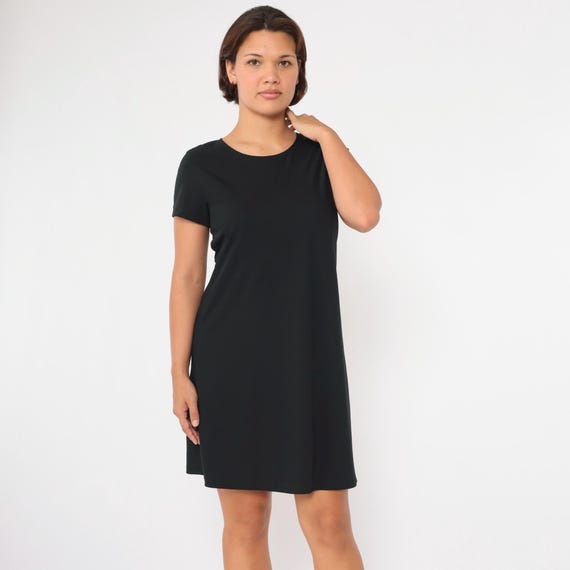 Vintage Black Mini Dress 90s Shift Dress Plain Short Sleeve Chic Classic Cocktail Party LBD 1990s Medium 8 Petite