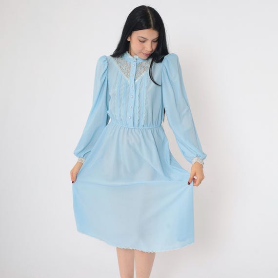 70s Victorian Dress Baby Blue Prairie Midi Lace Party Dress Boho High Waist Puff Sleeve Pearl Button Up Vintage Long Sleeve Small Medium