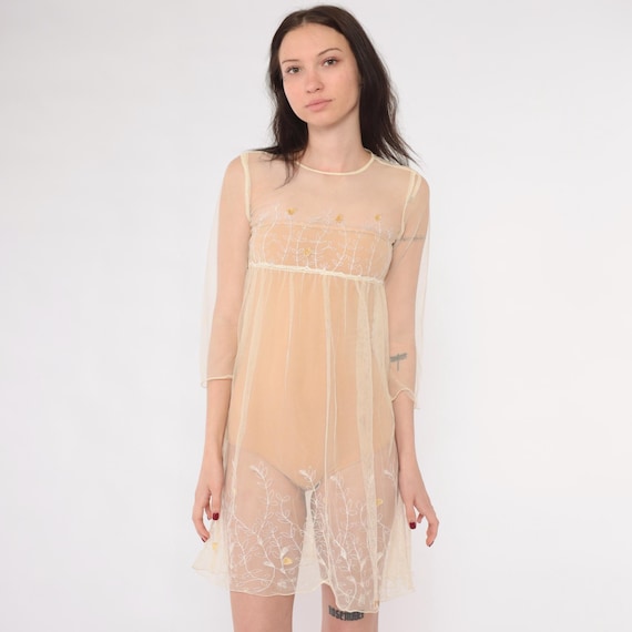 Sheer Lace Mesh Dress Vintage Y2K Cream Embroidered Babydoll Mini Dress Empire Waist Fairycore Boho 00s Bohemian Party Long Sleeve Petite XS