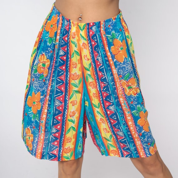 80s Floral Shorts 90s Beach Shorts Tropical Cotton Summer Baggy Shorts Blue Orange Striped Surfer Retro Vintage 1990s Large L