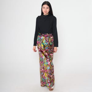 Vintage Psychedelic Velvet Dress 70s Hippie Maxi Paisley Party Bohemian Long Sleeve Front Slit 1970s High Waisted Boho Black Gown Small