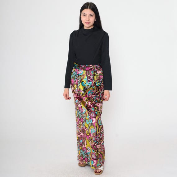 Vintage Psychedelic Velvet Dress 70s Hippie Maxi Paisley Party Bohemian Long Sleeve Front Slit 1970s High Waisted Boho Black Gown Small