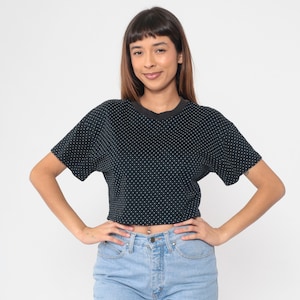 Polka Dot Crop Top 90s Baby Tee Black White Ditsy Print Cropped T-Shirt Retro Short Sleeve Basic Simple Single Stitch Vintage 1990s Large L