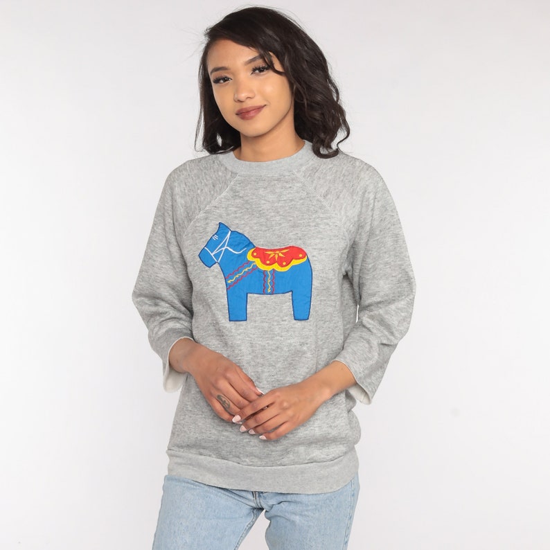 Horse Sweatshirt 80s Raglan Shirt Animal Shirt Jumper Graphic Raglan Sleeve Pullover 1980s Heather Grey Vintage Medium image 3