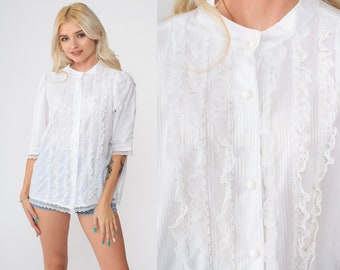 White Ruffle Blouse 70s 80s Boho Lace Top White Tuxedo Ruffle Shirt Party Button Up Vintage Bohemian 1980s Short Puff Sleeve Large