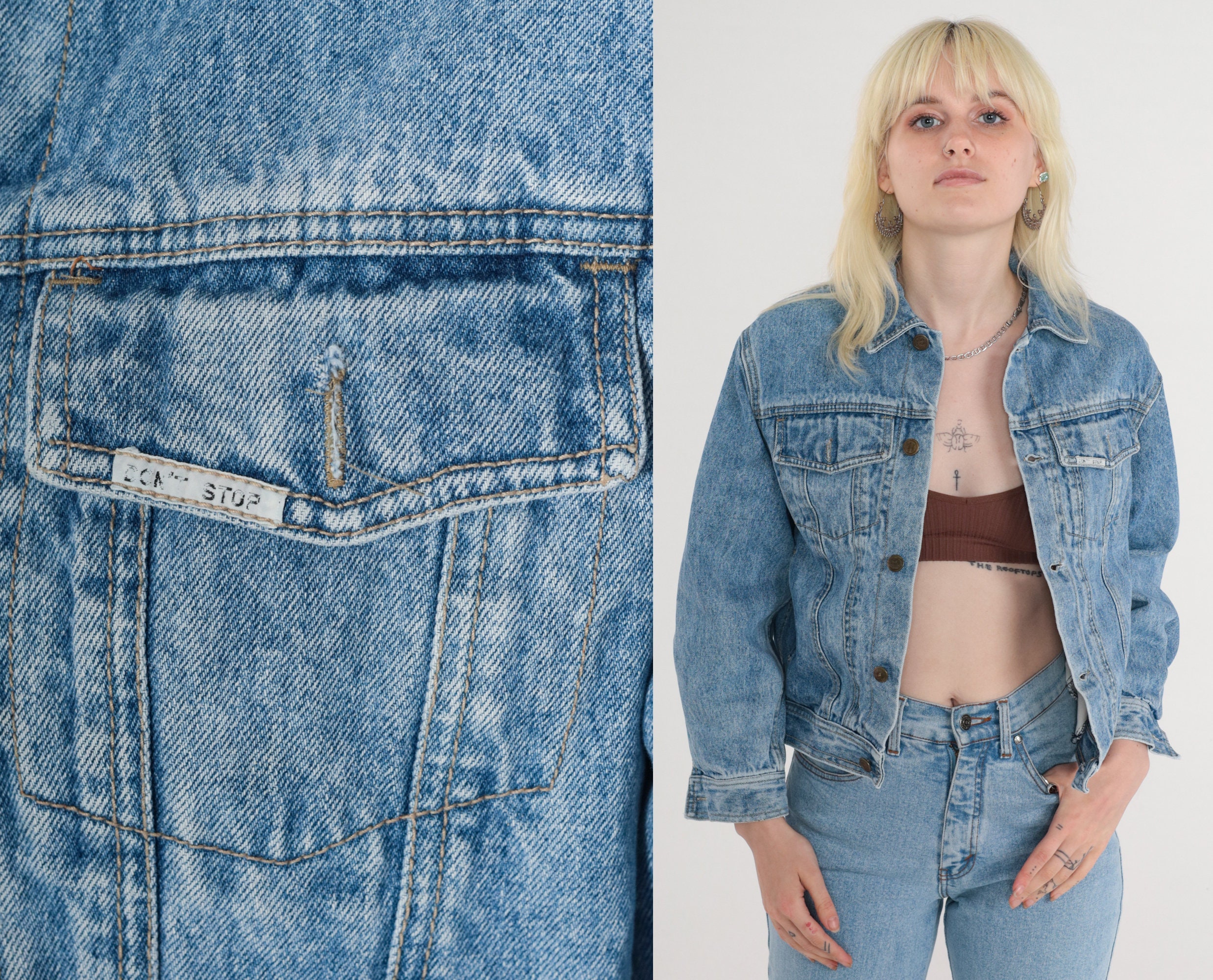 80s Denim Jacket Blue Jean Jacket Button up Coat Retro Biker Trucker ...