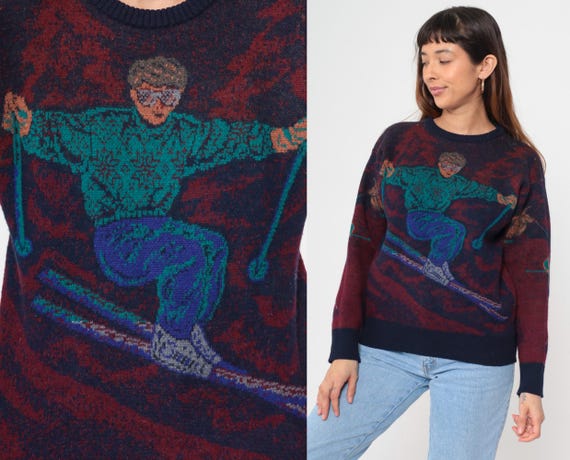 90s Ski Sweater Skier Motif Alpine Pattern Crew Neck Long Sleeve Vintage Ski Winter Apres Ski Novelty Statement Colorful Warm Cozy Small S