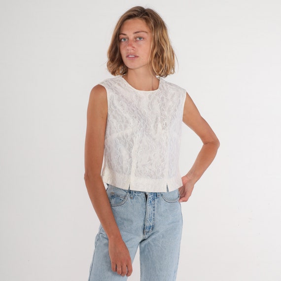 White Lace Tank Top 60s Crop Top Floral Sleeveless Shirt Retro Sixties Blouse Boho Romantic Mod Wedding Button Back Vintage 1960s Medium