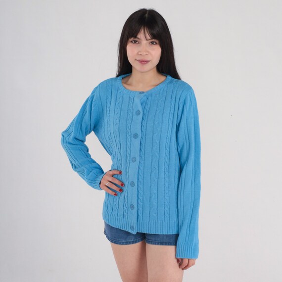 Blue Cardigan 80s Button Up Cable Knit Sweater Retro Ribbed Knit Sweater Bohemian Grandma Acrylic Cableknit Vintage 1980s Medium M