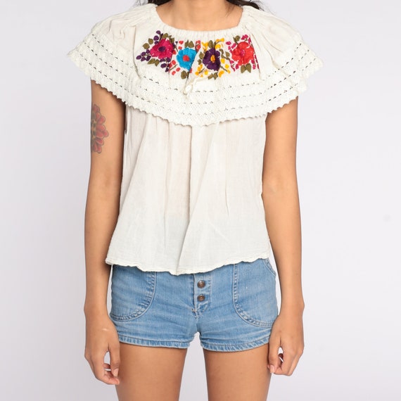 Cream Mexican Blouse Peasant Embroidered Top Hipp… - image 6
