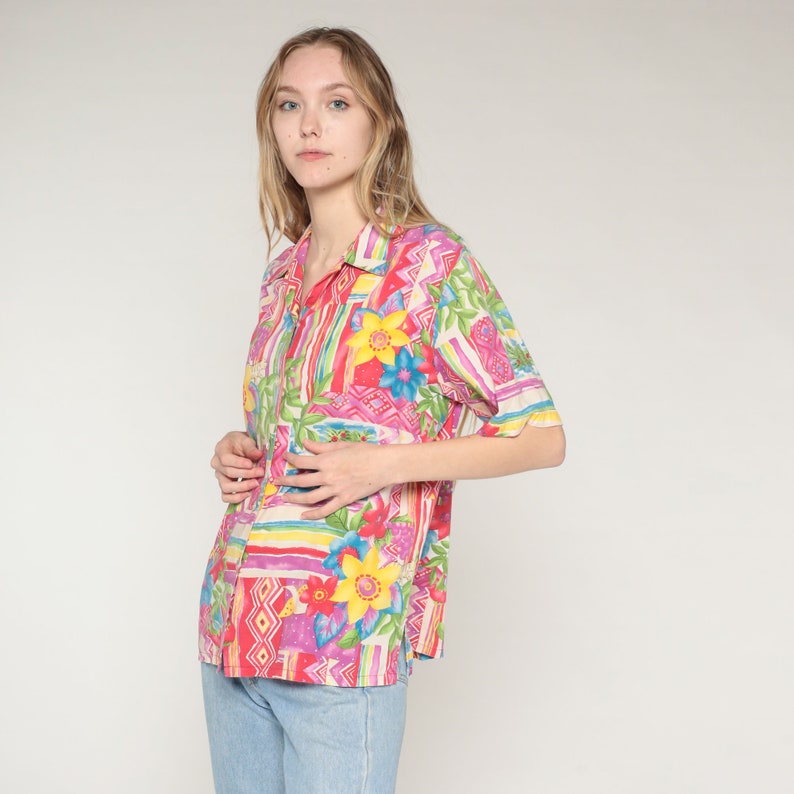 Tropical Blouse 90s Bright Floral Tiger Palm Tree Fish Print Top Button Up Shirt Collared Short Sleeve Statement Vintage 1990s Medium image 5